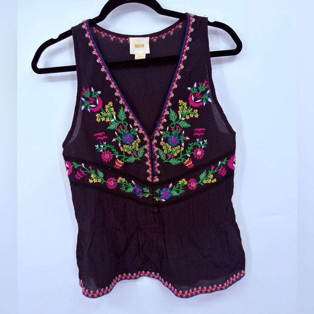 Maeve Anthropologie Black Embroidered Peplum Tank Top Size XS